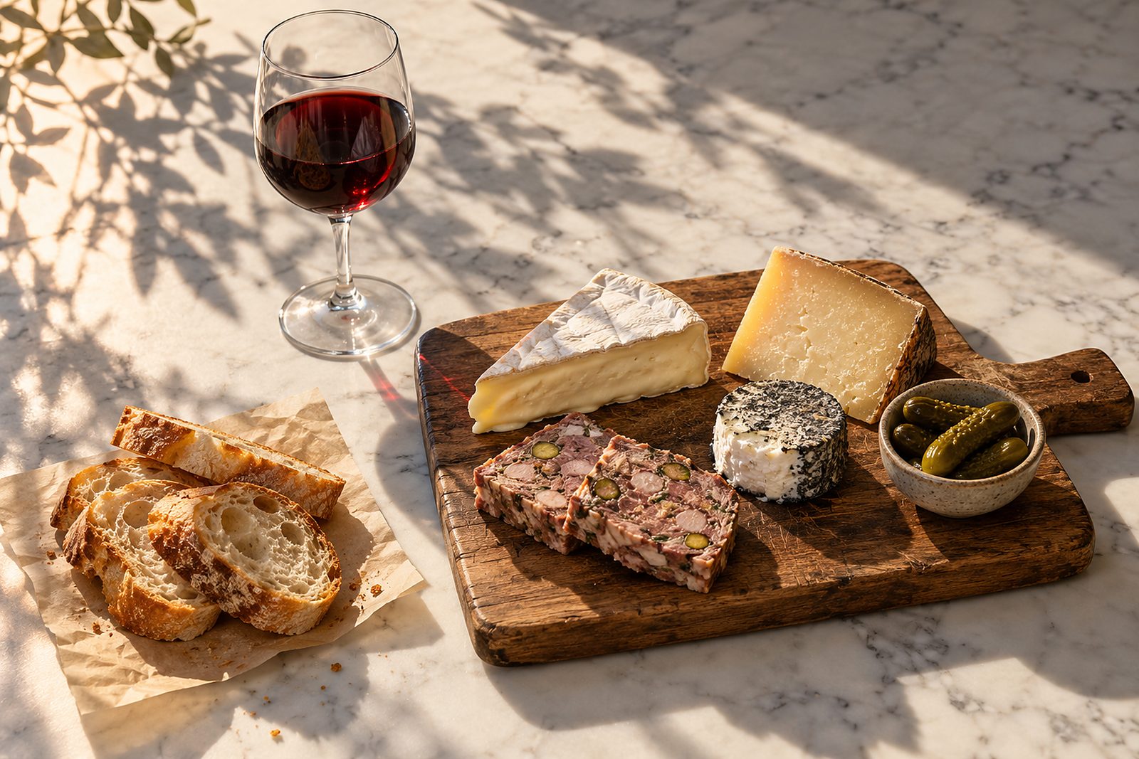 Brie, Ziegenkäse mit Ascherinde, Bergkäse, zwei Scheiben Terrine, Cornichons und Baguette auf einem Holzbrett, daneben ein Glas Rotwein (Illustration)